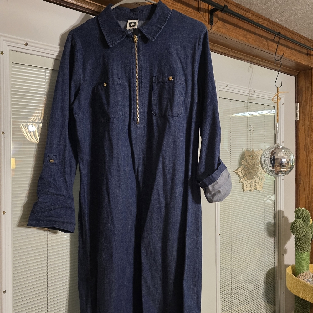 Anne Klein Indigo Denim Zip-Front Dress with Gold Logo Pull